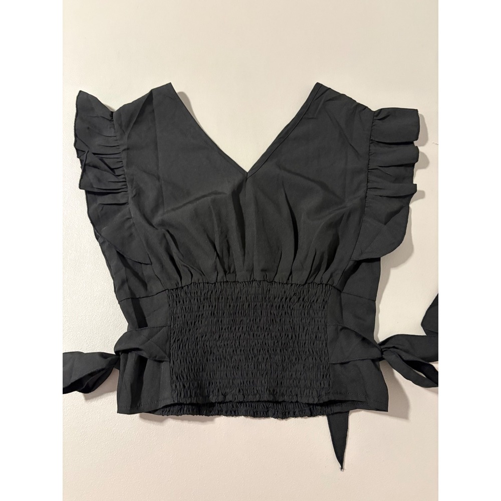 Black Ruffle Sleeve Smocked Waist Wrap Front Crop‎ Top Elegant Feminine SZ S - Picture 2 of 7